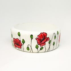Hand-painted wooden bangle with poppies