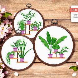 Set of 3 Potted Flowers Cross Stitch Pattern, Flower Cross Stitch, Embroidery Potted Flowers