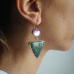Statement silver earrings with jade and amethyst