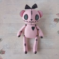 8" Creepy Cute Teddy Bear Handmade, Bucreshki Art Doll, Spooky Stuffed Animal, Goth Doll, Halloween Decor, Voodoo