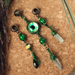 Set of 3 Green Loc Beads With Eye and Raw Quartz Crystal Point