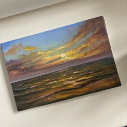 Original Sunset Oil Painting, Ocean Art, Sunset Painting On Canvas, Small Canvas, Coastal Wall Decor