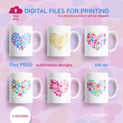 Valentine Hearts Bundle, 11 Oz Mug Sublimation Designs With Hearts, PNG JPEG Digital Download