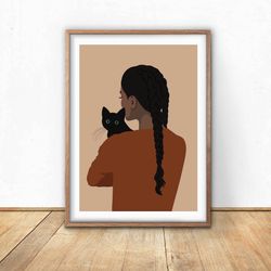 Black girl with black cat, rust brown boho decor, printable wall art
