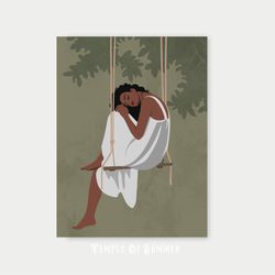 Black woman art, printable wall art in boho style, dreamy girl on a swing
