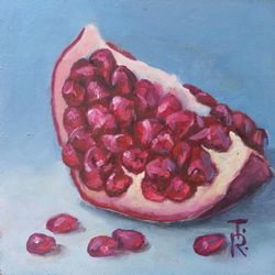 Pomegranate Still Life Painting Fruit Original Art Antique Oil Painting Small Painting 5 x 5 Burgandy Art