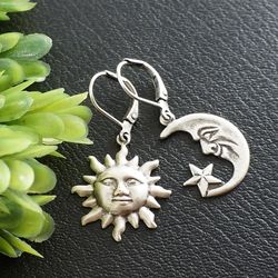 sun and moon earrings silver sun crescent moon star celestial asymmetric mismatched lever back earrings jewelry 7444