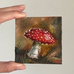Mushroom Small Oil Painting On Canvas Magnet, Original Small Canvas Magnet, Amanita Art, Hand Painted Magnet