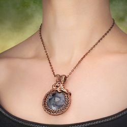 Larvikite pendant necklace for woman Natural stone Wire wrapped copper jewelry 7th Anniversary gift Handmade jewelry