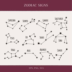Zodiac signs svg and png. Constellation svg cutting files. Capricorn, Scorpio, Gemini, Sagittarius, Pisces, Leo. Vector.