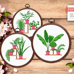 Set of 3 Potted Flowers Cross Stitch Pattern, Flower Cross Stitch, Embroidery Potted Flowers