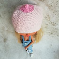 Blythe hat crochet light pink breast boobs for custom blythe helloween clothes blythe outfit