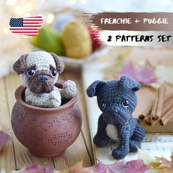Mini amigurumi dogs CROCHET PATTERN 2 in 1 set PDF, French bulldog crochet pattern, amigurumi Pug, crochet Blythe pet