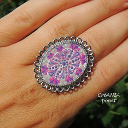 Purple flower ring Flower mandala Mandala ring Purple mandala Statement resin ring Dot painting Colorful mandala