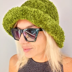 Crochet Bucket Hat Green Faux Fur Fuzzy Bucket Hat Super Soft Fluffy Bucket Hat for Women