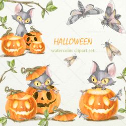 Black cat pumpkin and moths kids Halloween PNG bundle watercolor clipart , Baby shower invitation digital download