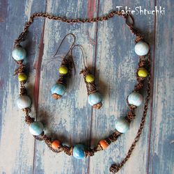 CANDY set earrings and necklace with glass beads and tangled chain. Copper fittings. boho style, vintage, business, ever
