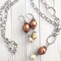 bohemian jewelry set withe baroque pearls & polimer clay beads necklace asymmetric. modern pearl set. womens earring