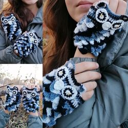 Owl crochet fingerless gloves, crochet owl, crochet mittens, cute accessories