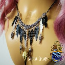 Raven Crow Bird Skull Black Feathers Victorian Necklace Shaman Totem Gothic Witch Boho Forest Alternative Witchy Things