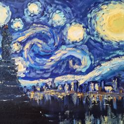 New York Cityscape Starry Night Painting Van Gogh Oil Original Artwork Liberty Statue Painting by Nadia Hope