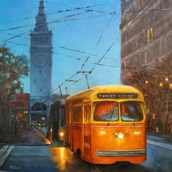 San Francisco Cityscape Trolley Bus Painting  Oil Original Artwork Night City  Painting by Nadia Hope