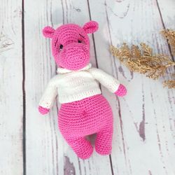 Stuffed toy pink hippo in a sweater, plush toy for a girl, handmade stuffed hippo