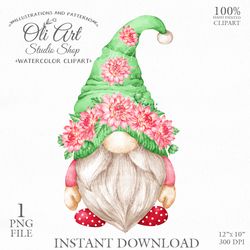 Gnome & Dahlias Flowers. Digital Clipart, Hand Drawn Graphics, Instant Download. Digital Download. OliArtStudioShop