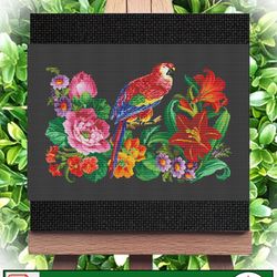 Cross stitch pattern Bird and flowers - Vintage Cross Stitch Scheme Bird in the garden