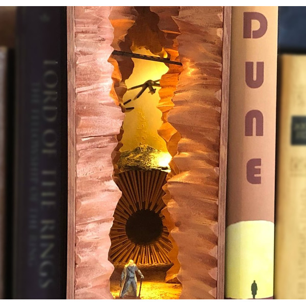 Book nook shelf insert sand dune Bookshelf diorama Fantasy booknook finished Miniature Mini world Library decor.jpg