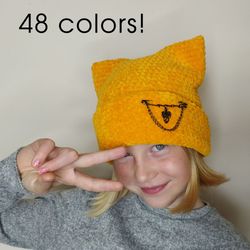 Beanie with ears 48 colors! Cat ears beanie crochet Orange beanie with cat ears Plush beanie hat orange