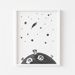 Planet art nursery print, Simple Space poster, Cute Moon print, Monochrome, Nursery wall art, Digital download, A4, 8x10