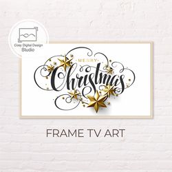 Samsung Frame TV Art | 4k Merry Christmas Gold Stars Lettering Decor Art for Frame TV | Digital Art Frame TV
