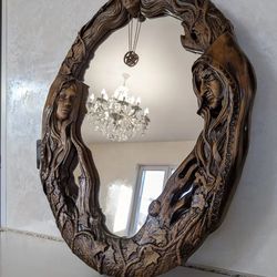 Magic mirror Scrying Mirror, Wall Mirror Carved On Wood, Witch Altar Tile, Black mirror