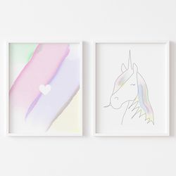 unicorn and heart, unicorn art prints, nursery wall art, cute unicorn prints, set of 2 nursery prints, digital prints