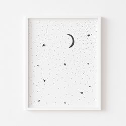 Moon and stars, Starry sky print, Nursery wall art, Jpg, Digital file, So cute print for nursery, Monochrome art print