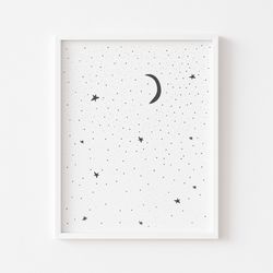 moon and stars, starry sky print, nursery wall art, jpg, digital file, so cute print for nursery, monochrome art print