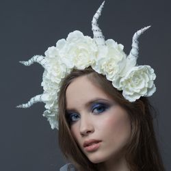 Horns headpiece White Flower woman crown Cosplay Festival headdress Demon Devil horns Halloween costume adult