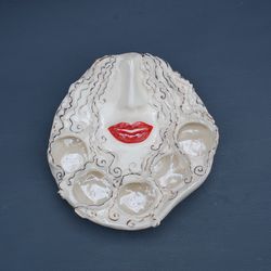 Ceramic Lipstick holder, Face porcelain figurine ,White red ,Make Up Organizer, Lips Decorative Figurine, Porcelain art