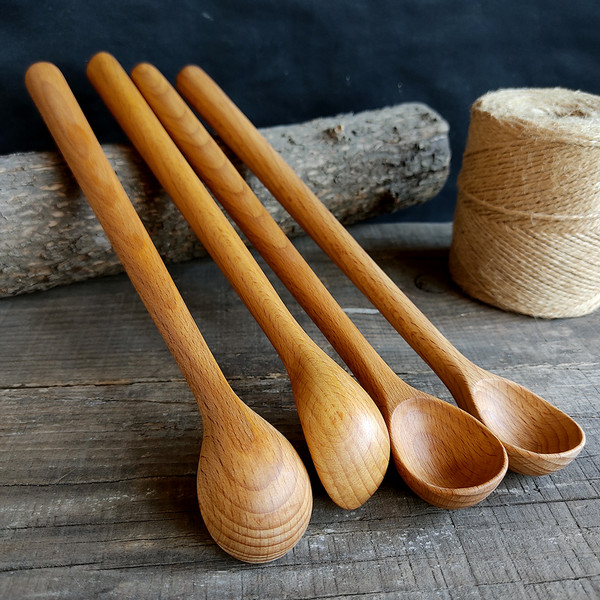 Handmade wooden spoon from natural beech wood with long handle - 03