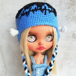 Blythe hat crochet blue Frankenstein with black hair for custom blythe halloween clothes blythe outfit