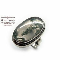 Handmade silver ring  Size 8 (18) natural landscape green moss agate
