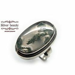 handmade silver ring  size 8 (18) natural landscape green moss agate