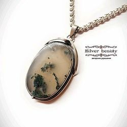 Silver handmade pendant with natural landscape green moss agate