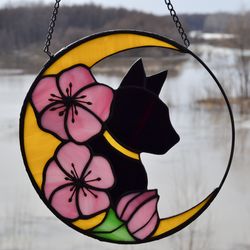 Suncatcher Stained Glass Cat, Lucky Cat Suncatcher, Stained Glass Window Hangings, Daffodil Flower Halloween Decor