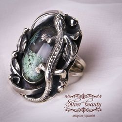 silver handmade ring with natural landscape green moss agate salamander