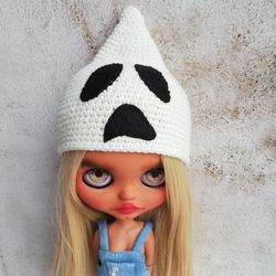 Blythe hat crochet white Ghost with black felt eyes for custom blythe halloween outfit blythe clothes monster outfit