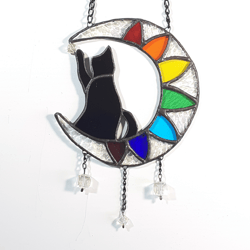 suncatcher stained glass cat, lucky cat stained glass suncatcher, prism suncatcher, rainbow car charm, moon suncatcher