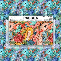 Rabbits New Year  Seamless Pattern Wallpaper Digital Paper Background, Surface Design Fabric Textile Packaging Winter