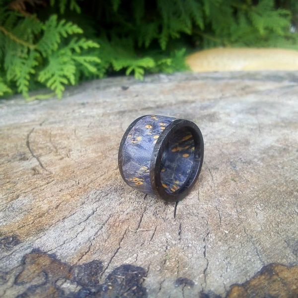 Wide Mens Multicolour Maple Burl and Oak Ring, Blue and Black Wood Ring, Wide Multicolour Wooden Ring, Unique Pattern, Size 9 Mens Ring.jpg